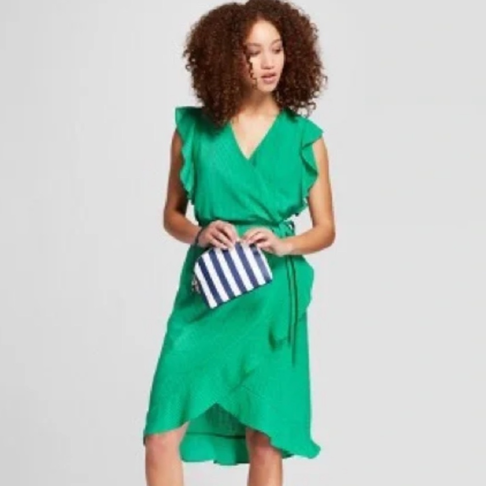 A NEW DAY Women’s Faux Wrap Green Ruffle Dress Spring Preppy Size Large